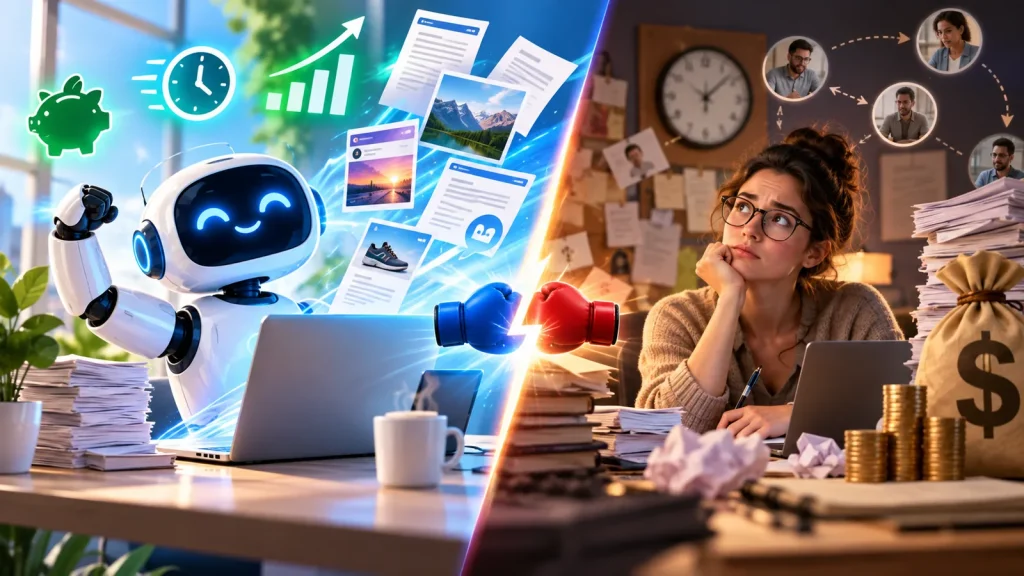 A vibrant split-scene illustration comparing AI content generation with outsourced writing: a friendly glowing robot rapidly creates digital content beside a laptop, with symbols representing speed, savings, and growth, while a freelance writer works amid stacks of paperwork, revisions, clocks, and money-related imagery. A bright energy divider emphasizes the contrast between the two approaches.
