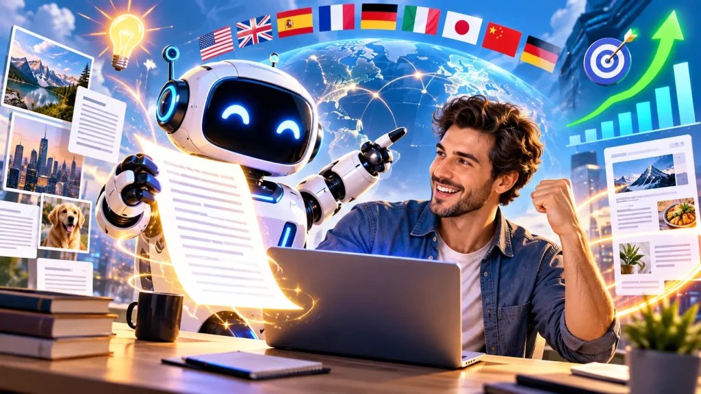 A vibrant futuristic scene showing a smiling writer working with a friendly AI robot, surrounded by floating content documents, global connections, creative ideas, SEO-style growth charts, and digital media imagery.