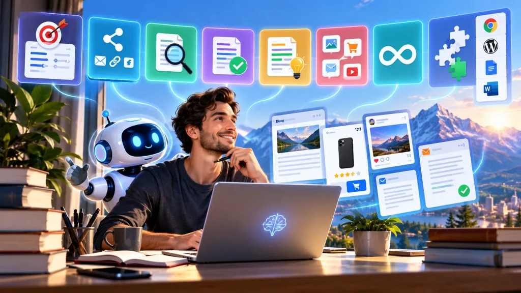 A bright cinematic illustration of a writer working at a laptop alongside a friendly AI robot, surrounded by glowing visual icons representing writing goals, content sharing, originality checking, editing, creative ideas, versatile content creation, unlimited usage, and software integrations, with a sunny mountain landscape in the background.