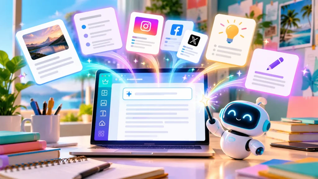 A bright, colorful illustration of an AI writing assistant on a laptop generating different types of creative content, represented by floating cards for blog posts, outlines, social media, brainstorming ideas, and continued writing, with glowing effects and a cheerful robot mascot in a sunny creative workspace.