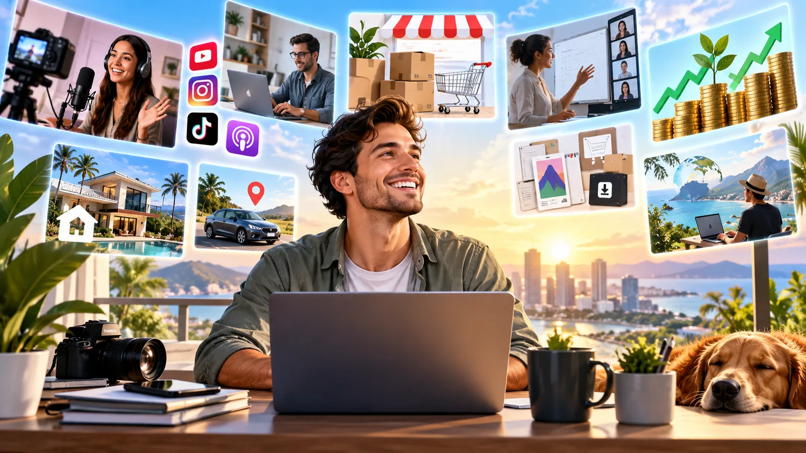 A vibrant cinematic illustration of a smiling entrepreneur working on a laptop at a desk learning How to Make Money Online, surrounded by floating scenes representing content creation, freelancing, online selling, digital products, teaching, travel, rentals, and growing income, with a camera, coffee mug, and sleeping dog in a bright coastal city setting.