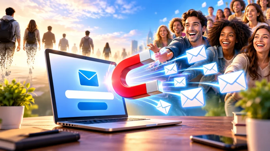 A bright, energetic illustration of a laptop attracting glowing email envelopes with a large magnet, drawing a growing crowd of happy people toward an online community while visitors fade away in the background.