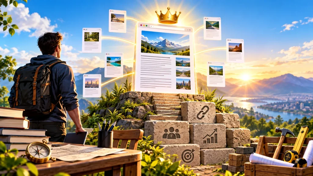 A bright cinematic landscape showing a blogger building a powerful cornerstone content asset as the foundation of an SEO strategy, with a glowing central webpage connected to supporting articles, link symbols, growth analytics, and a rising stone foundation overlooking a sunny mountain landscape.