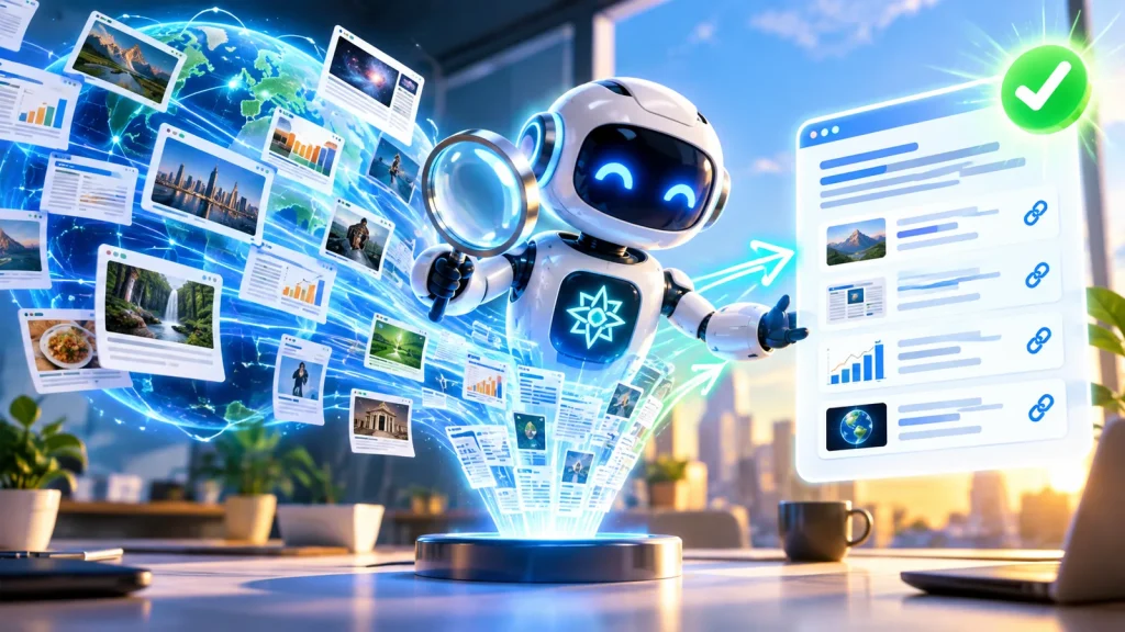 A bright futuristic AI robot uses a magnifying glass to analyze information gathered from a glowing digital globe and floating web pages, transforming live web data into verified results represented by linked sources and a glowing checkmark.