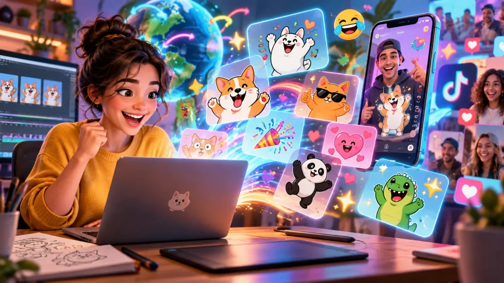 A vibrant, high-energy digital illustration of a creator using a laptop to design animated GIFs, surrounded by colorful reaction characters, emoji-style animations, social media content, and glowing visual effects.