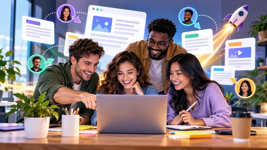 A diverse creative team collaborates around a laptop in a bright modern office, surrounded by floating content cards, connected team avatars, and an energetic rocket launch symbolizing teamwork, productivity, and growth.