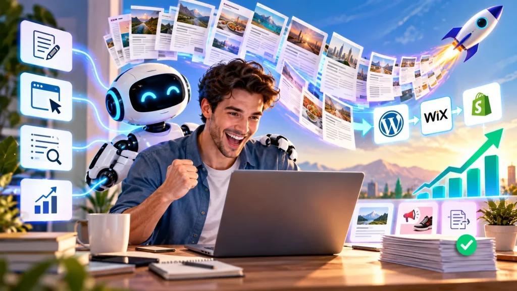 A vibrant cinematic scene of a creator celebrating rapid AI-powered content production alongside a friendly robot assistant, with floating articles, SEO analytics, publishing platforms, automation trails, and a rocket symbolizing fast content publishing and growth.