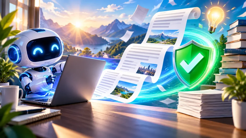 A cheerful AI robot works at a laptop while flowing documents move toward a glowing green shield with a checkmark, surrounded by books, a lightbulb, and a bright mountain landscape, representing fast, original, plagiarism-free long-form content creation.