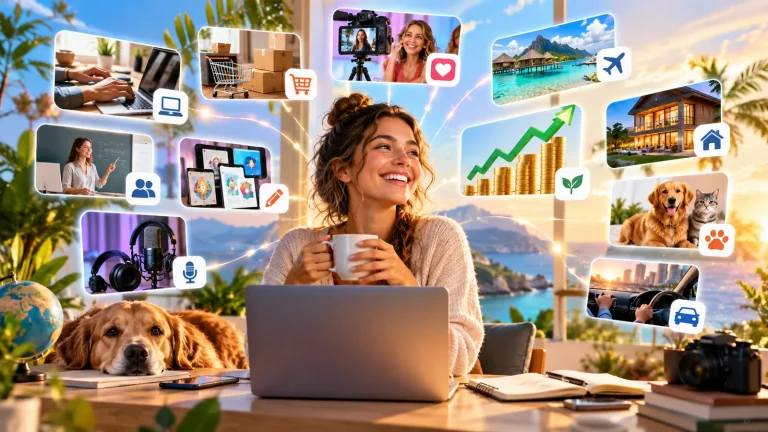 A bright, vibrant scene of a smiling woman working on a laptop from home, surrounded by visual representations of freelancing, ecommerce, content creation, teaching, podcasting, travel, vacation rentals, pet services, and rideshare driving, symbolizing diverse side-hustle opportunities and financial freedom.
